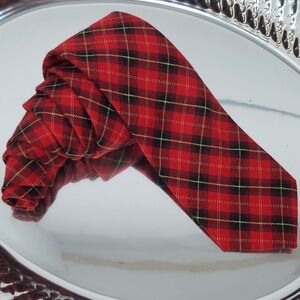 Club Room Men's Red, Black & Gold Tartan / Plaid Tie 100% Cotton 57"‎ x 3"